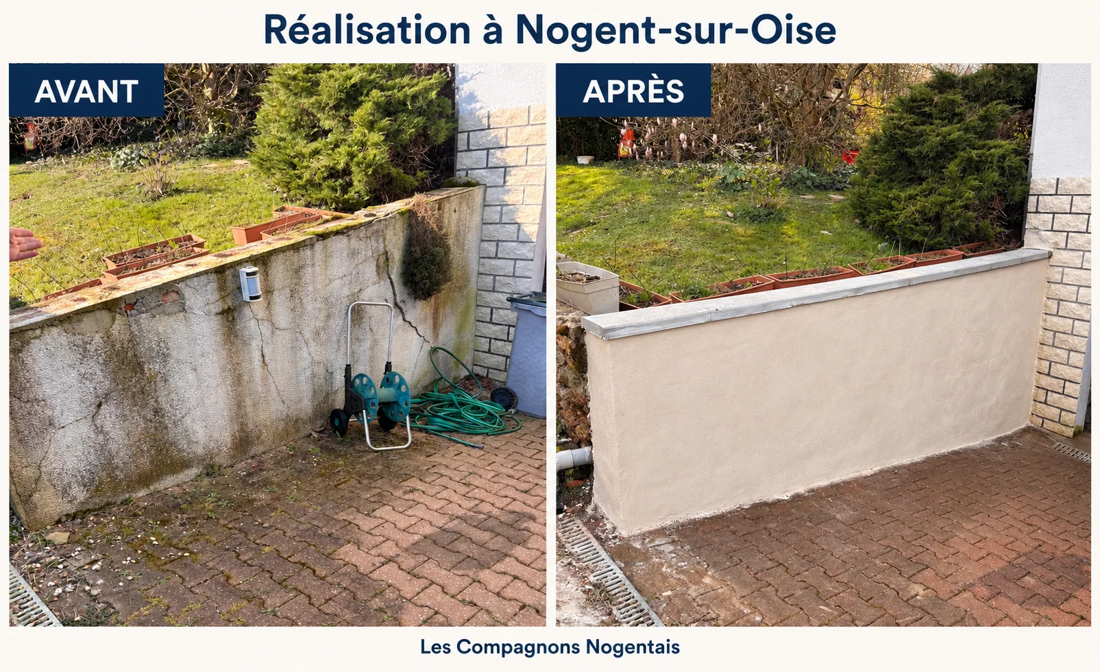 Montage avant et après de la rénovation d’un muret à Nogent-sur-Oise