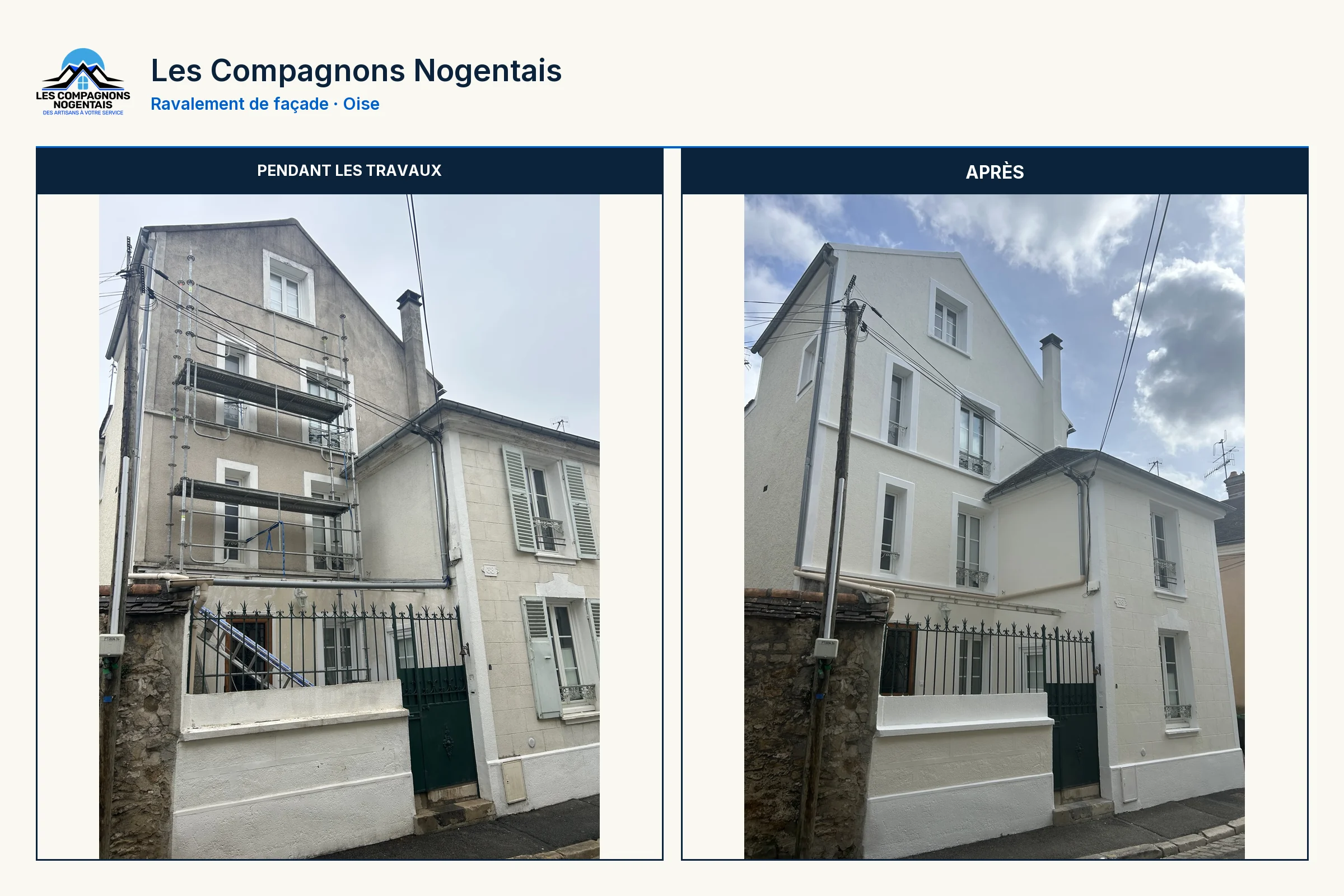 Comparatif d’un ravalement de façade dans l’Oise pendant les travaux puis après