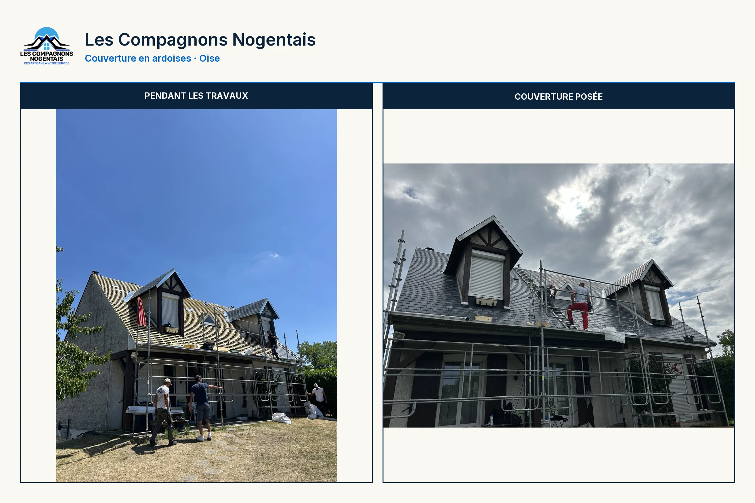 Comparatif d’une couverture en ardoises dans l’Oise pendant les travaux puis avec la couverture posée