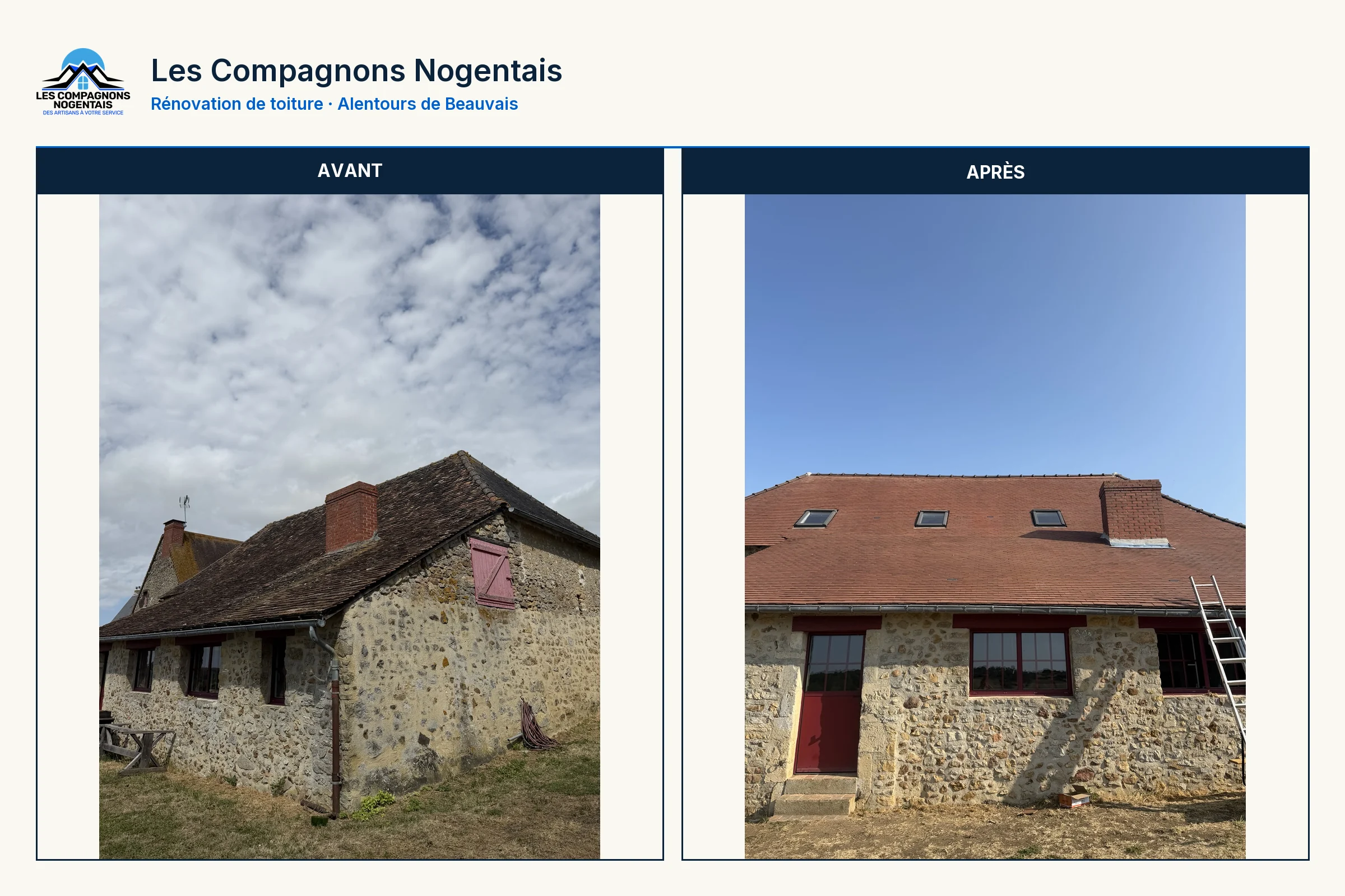 Comparatif avant et après du versant avec cheminée aux alentours de Beauvais