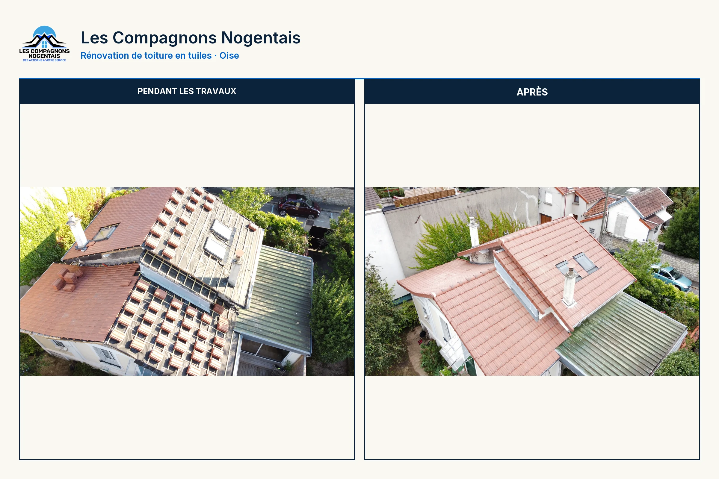 Comparatif aérien d’une toiture en tuiles dans l’Oise pendant les travaux puis après